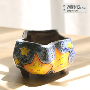 Jardinière Céramique Peinte à <span class=keywords><strong>la</strong></span> Main Effet Ciel Étoilé, Pot à Fleurs <span class=keywords><strong>en</strong></span> Céramique Grossière Grande Ouverture <span class=keywords><strong>en</strong></span> Forme d'Étoile/<span class=keywords><strong>Lune</strong></span>, Plante Succulente Respirante pour Bureau - Product Image 3