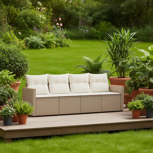 Canapé de jardin en rotin trois places, mobilier d'extérieur beige, design contemporain confortable - Product Image 2