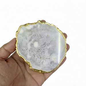 Natural White Agate Slice <b>Coaster</b> Carved Gemstone Trinket Plate Gold Resin Edge Decor for Home Gift - Product Image 1
