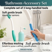 Brosse de bain portable en plastique à long manche pour nettoyage des hanches sans se pencher, outil d'assistance pour les toilettes, rinçateur périnéal, ensemble de trois pièces
