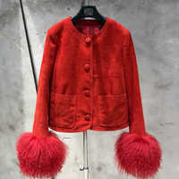 Veste en daim élégante avec poignets en fourrure, veste en daim de luxe pour femmes, vestes en daim rose