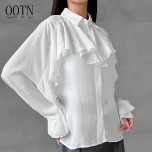 OOTN 2024 स्प्रिंग फैशन एलिगेंट शिफॉन व्हाइट लैपल लंबी आस्तीन वाली शर्ट कैजुअल सिंपल कार्डिगन शर्ट ग्रीष्मकालीन महिला शर्ट ब्लाउज