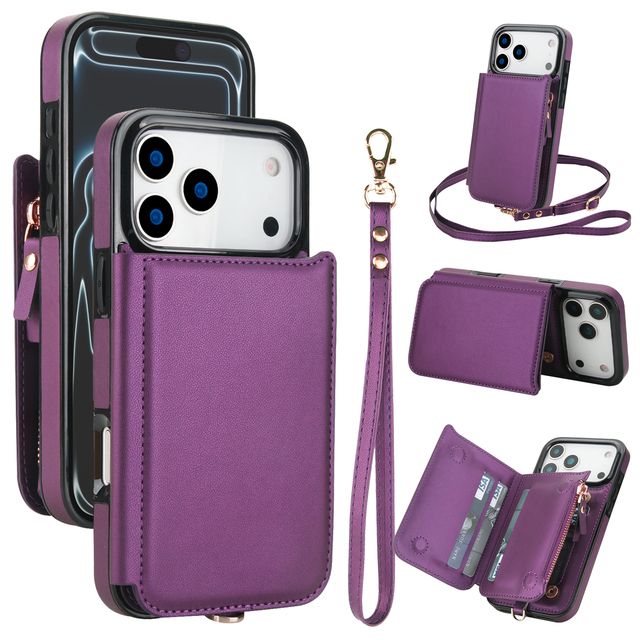 Multiple Card Holder Magnetic Shoulder Hand Strap Kickstand Wallet Phone Cover case for iphone 17 air 18 Pro Max 16 15 14 13 12