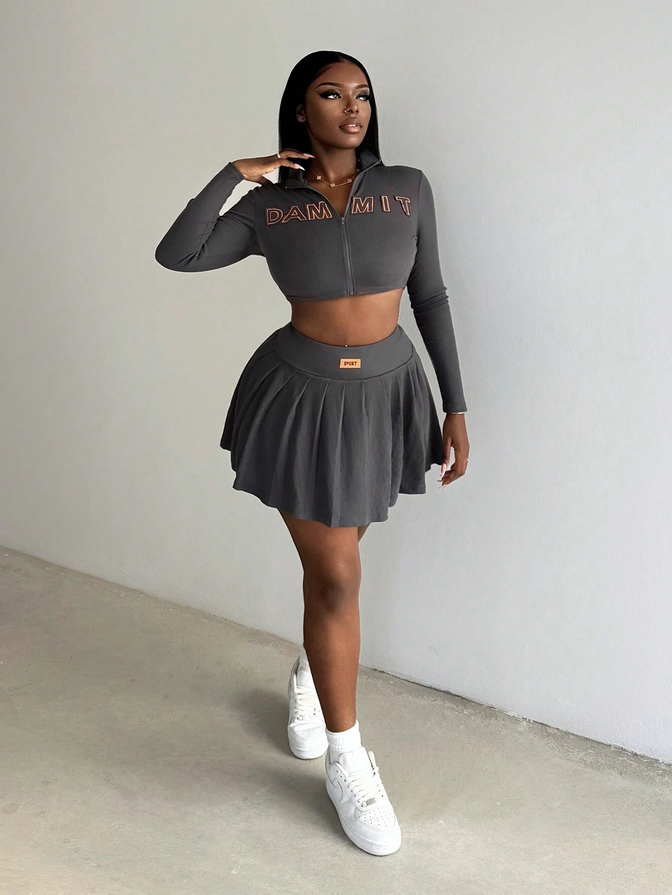 Custom Embroidered Patch Acid Wash Ribbed Knit Set Zip up Crop Jacket High Waist Pleated Skirt Sets Women 2 Piece Outfits · image 4