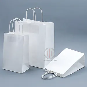 Bolsa de papel blanca plegable para impresión de logotipo, bolsa de transporte de papel de compras, paquete de impresión Flexo, tamaño personalizado reciclable