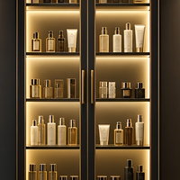 Vitrine de présentation de cosmétiques à double porte en or noir avec étagères en verre rétroéclairées par LED, vitrine de vente au détail de produits de beauté sur pied