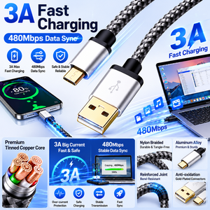 Cable Micro USB Personalizado LUNG KAY, 3A, Chapado en Oro, Trenzado de Nailon, USB 2.0, Carga Rápida, Cable de Datos para Android, para Dispositivos POS e IoT - Product Image 2
