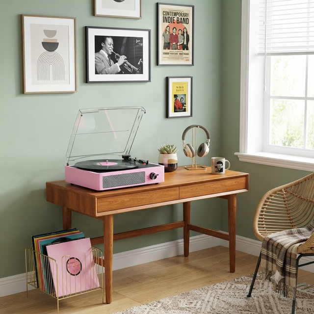 Modern Wireless BT Record Player Portable 3 Speed Vinyl Turntable Player with Built in Speakers for Home Decor
