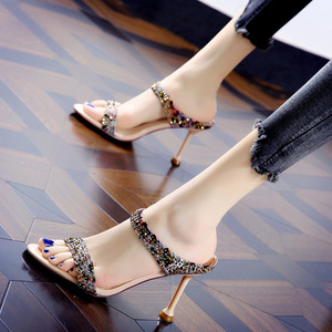 Sandales à talons hauts pour femmes, style européen et américain, à bout ouvert, ornées <span class=keywords><strong>de</strong></span> strass et <span class=keywords><strong>de</strong></span> diamants, talons fins, pour l'extérieur, décontractées - Product Image 3