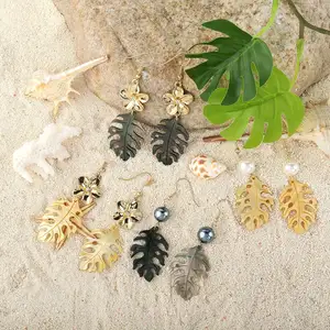 Pendientes colgantes simples en forma de hoja y concha negra nácar natural de Estilo Hawaiano