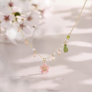 Kalung mutiara untuk wanita bunga aster hijau dicat bunga rumbai jimat bunga merah muda perhiasan pernikahan liontin - Product Image 3