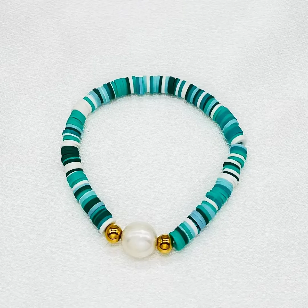 HC-pulsera de perlas blancas de arcilla polimérica Multicolor para mujer, brazalete elástico estilo bohemio, accesorio sencillo para regalo