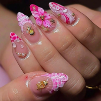 LUMEILA Ongles à presser en acrylique couvrants, thème Océan Rose, 3D Coquillage Étoile de mer Fleur Goutte d'eau Amande, avec colle, finition brillante, nude nacré
