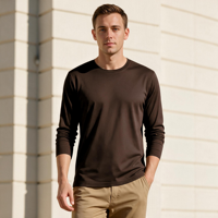 T-shirt à manches longues pour homme en coton mercerisé de qualité supérieure, tricoté, blanc, séchage rapide, respirant, 200 grammes, coupe classique, décontracté, pour tous les jours