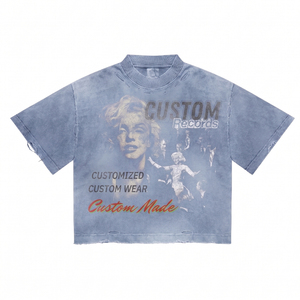 Camiseta Oversize de Gran Gramaje para Hombre, 300 g/m², Azul con Lavado Ácido, Estampado Gráfico Desgastado con Efecto de Gusano, Corte Holgado, Estilo Urbano - Product Image 1