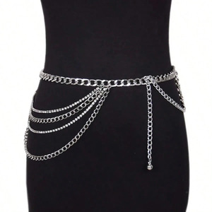 Cadena de cintura con capas de diamantes de imitación para mujer |   Cinturón de Cadena Gruesa de Acero Inoxidable Dorado |   Joyería Exótica para el Vientre para Fiestas y Clubes - Product Image 2