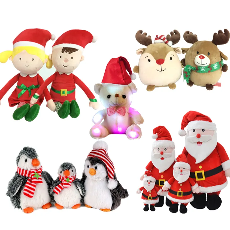 2021 Oem Custom Christmas Decorative Gift Stuffed Animal Reindeer Santa Claus Penguin Toy Led Whit Soft Doll Elf Plush Toy