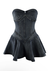 Robe mini plissée sans manches en jean délavé pour femme, taille haute, coupe trapèze, dos nu, style bustier ajusté, idéale pour l'été - Product Image 3