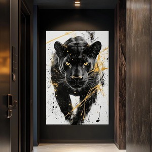<span class=keywords><strong>Peinture</strong></span> sur toile abstraite moderne Panthère Noire, affiche murale animale de luxe noir et or pour salon, décoration intérieure personnalisée - Product Image 4