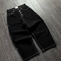 Celana Jeans Hitam Bordir Jaring Laba-laba Heavy Duty dengan Jahitan Kontras, Kancing Rivet, Model Baggy untuk Pria, 100% Katun