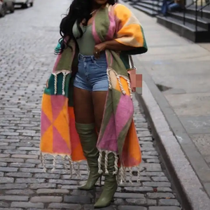 Autunno inverno caldo Vintage a maniche lunghe alla moda Casual cardigan con nappe giacche Color Block da donna <span class=keywords><strong>cappotto</strong></span> da donna - Product Image 1