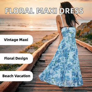 Vestido Maxi de Verano para Mujer, Cuello en V, Estampado Floral, Cintura Alta, Estilo Informal, para Vacaciones en la Playa, Disponible en Stock, Venta al Por Mayor - Product Image 2