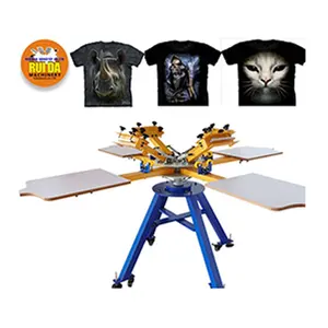 Eenvoudige Handmatige Schermprinter 4 Kleuren 4 Station T-Shirt Schermapparatuur Machine Met Houten Pallet