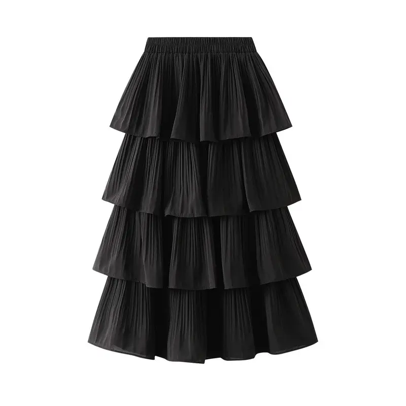 Black 2024 Flare Pleated Girl Women's Skirt Silk Satin Cloth multi layer Cake Summer Long Skirts for ladies women
