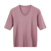 Haut en tricot personnalisé pour femme, vente en gros, manches courtes, col rond, couleur unie, coupe ajustée côtelée