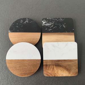 <b>Coffee</b> <b>Table</b> Desk Acacia White <b>Black</b> Marble Wood Round <b>Square</b> Wooden Coaster for Drinks With Holder - Product Image 2