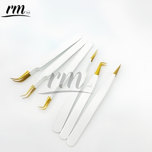 Luxury White <b>Powder</b> Coated Tweezer Gold Plasma Tip Eyelash Extension Tweezer Stainless Pointed Volume Fiber Customizable Private - Product Image 3