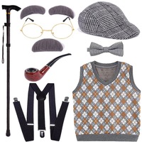 Costume de Vieil Homme pour Enfants Garçons : Gilet, Chapeau, Moustache et Lunettes – Tenue de 100 Jours d'École, Halloween, Gilet Pull de Grand-Père