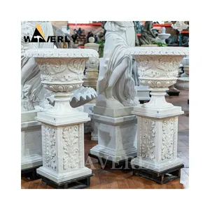 手工雕刻奢华欧式古典天然石材大型艺术花盆白色大理石户外花盆