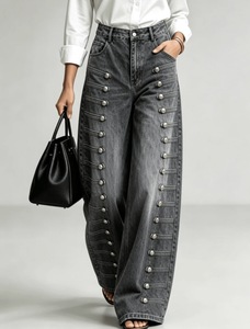 Jeans de Mezclilla de Cintura Alta y Pierna Ancha para Mujer, con Detalles de Botones, Corte Holgado, Largos, Lavados, Estilo Casual, para Otoño - Product Image 6