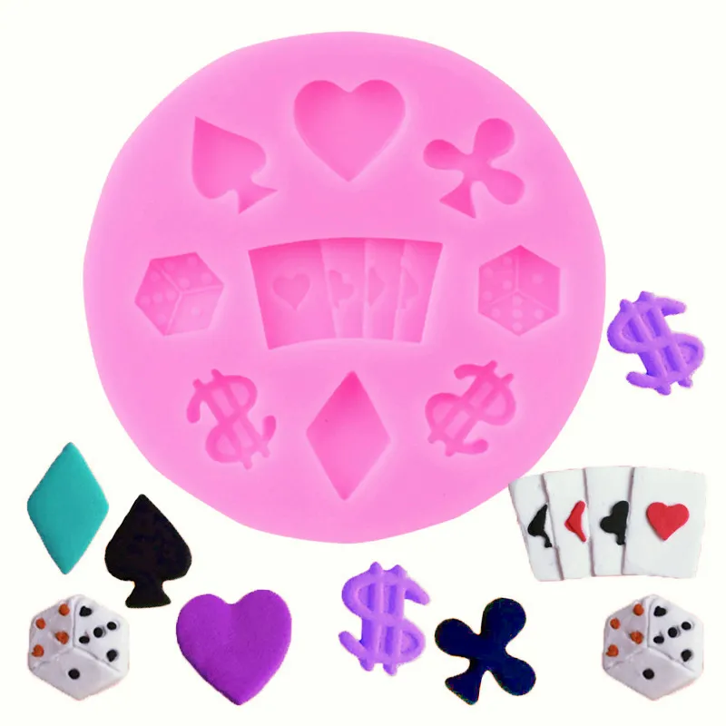 Round 9pcs 3D texture fine dessin animé carte à jouer symbole du dollar et forme de coeur bricolage moule en silicone