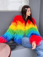 Haute qualité laine de mouton vêtements agneau mongolie fourrure veste moelleux fourrure arc-en-ciel couleur fausse fourrure manteau personnalisé