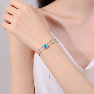 กำไล S925เพชรมอยส์สีฟ้า1.0CT สำหรับผู้หญิงกำไลเงินสเตอร์ลิงสำหรับผู้หญิงเครื่องประดับแบบปรับได้โซ่คู่ขายส่ง - Product Image 2