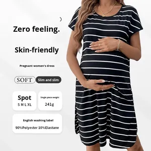 2025 estate abito <span class=keywords><strong>premaman</strong></span> stile europeo americano Casual elasticizzato con strisce sul collo comodo ampio fornitore di abiti da donna - Product Image 2