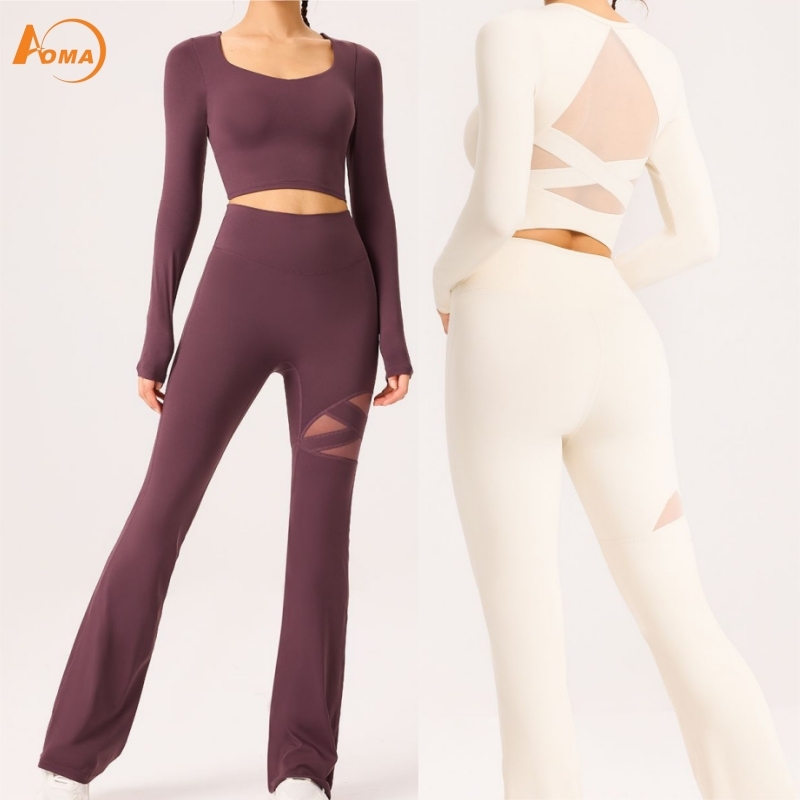 Aoyema Sports Wear Mesh Breathable Activewear Long Sleeve Top Flared Gym Legging Pants Two Piece Yoga Outft Women Workout Set