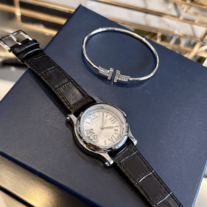 Montre automatique ronde avec cadran à pierres flottantes, bracelet en cuir et bracelet assorti, ensemble de bijoux décontracté pour Chopards - Product Image 5