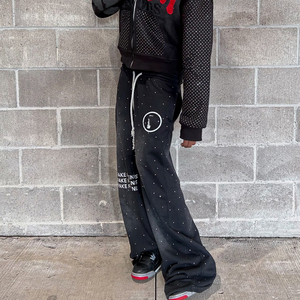 Setelan Luar Pria Trendi Bahan Tebal 500 GSM dengan Logo Kustom, Bordir Distressed, Tracksuit dengan Ritsleting Berhias Rhinestone, Trendi - Product Image 3