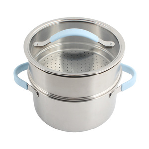 Juego de Ollas Vaporeras de Acero Inoxidable con Tapa de Vidrio, Asas de Silicona Resistentes al Calor, Color Azul Claro, Vaporera Multicapa para Cocinar Alimentos - Product Image 3