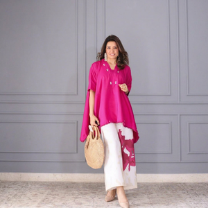 Ensemble coordonné numérique rose pour femme, kurta en coton et pantalon palazzo imprimé crème, tenue décontractée ethnique style Inde Pakistan, coupe classique - Product Image 1