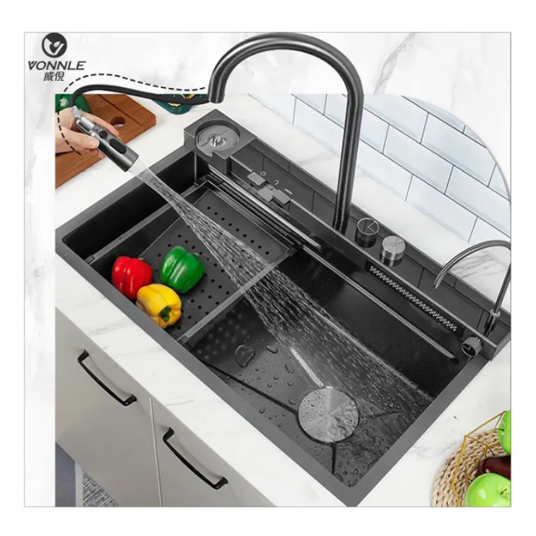 Digital Display Waterfall Faucet Sink Kitchen Multi-function Kitchen Sink Black Hot Selling Manual Welding Stainless Steel 14kg