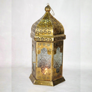<b>Brass</b> Moroccan <b>Lantern</b> With Embossed Glass Panels And Perforated Design For Home Decoration - Product Image 1