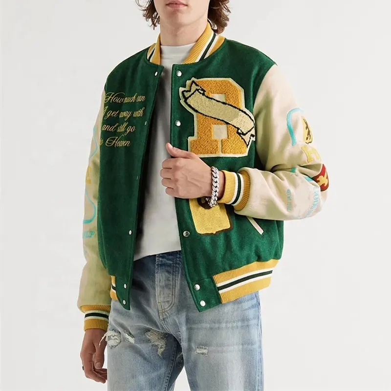 Chaqueta personalizada de chenille para hombre, chaqueta de béisbol de manga de cuero bordado, color verde, alta calidad
