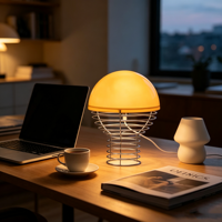 Lampe de table LED rétro Bauhaus en forme de champignon, abat-jour en verre jaune, base en fil métallique, lumière chaude pour la maison, l'hôtel, la chambre à coucher