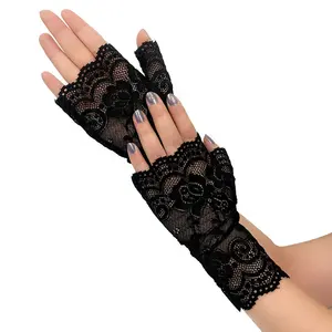 女性短蕾丝手套防晒霜无指头新娘手腕花卉手套，用于歌剧晚会