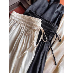 Women's Wide Leg Trousers High Waist Elastic Jacquard Satin Casual Pants Champagne Black Plus Size Spring Summer New Style - Product Image 4