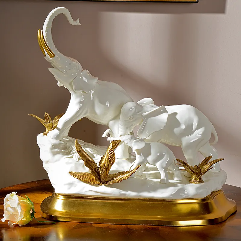 Ornamento de elefante branco para sala de estar, casa de luxo europeia, cerâmica moderna de latão, artesanato decorativo em porcelana